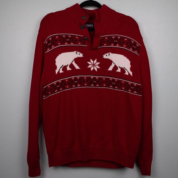 Chaps red polar bear 1/4 button up sweater-L - Picture 1 of 4